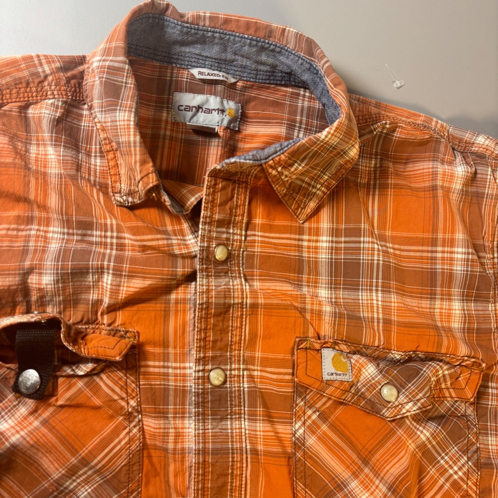 Carhartt Orange‎ Plaid Pearl Snap Short Sleeve Button Up Relaxed Fit M 104171